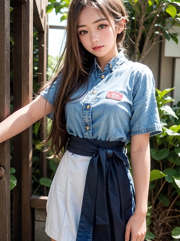 (((Open Stance)))、１５Year old girl、 uniform、Japanese girls&#39; high 、Chest buttons open、Stand with your legs apart、Viewer&#39;s perspective、(((Lifting skirt to show white lace panties)))、
