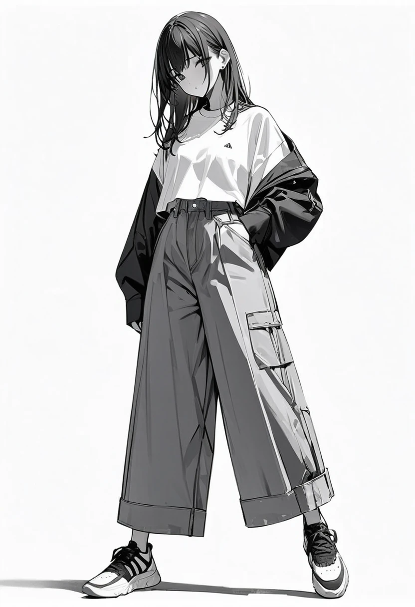 (masterpiece、Highest quality:1.2、8K)、Centered、Only one girl、shirt、Wide-leg trousers、Simple single-color sneakers、whole body、Simple Background、White background、