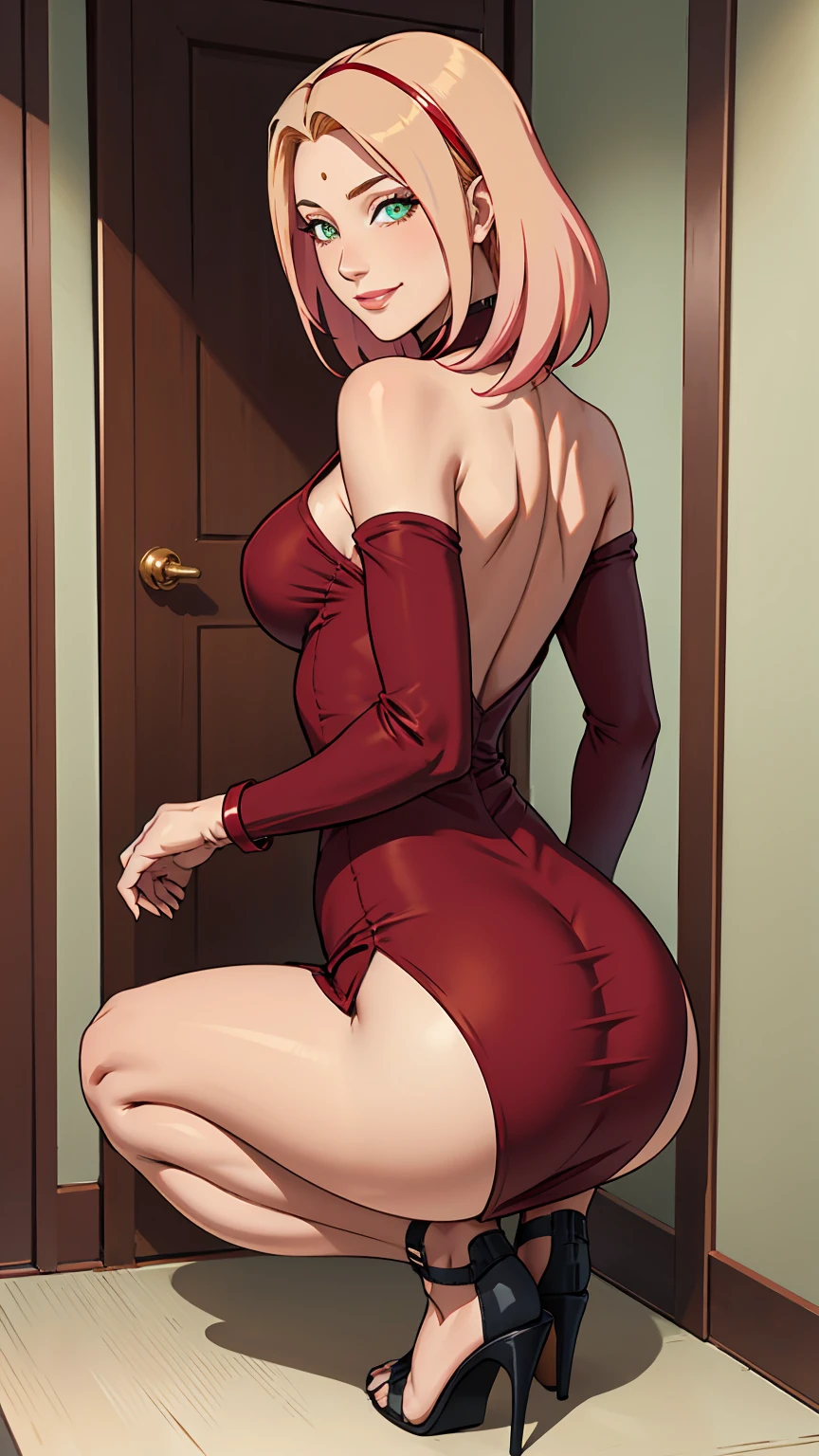 ((sexy sweater dress))((big ass))((off shoulder tight dress))(((Suit))), Masterpiece， The best quality at the best， 1girll， Sakura Haruno， BIG BREASTS,Off the shoulder clothing，transparent miniskirt ,（neckline)，（Closeup of upper body)，Sexy servant，is shy，smile，with pink hair， Long whitish hair， There is a woman with pink hair and stockings posing in a bathroom, Lower angle, illuminated from behind, on knees, thighs and skirt, on knees, peeping from behind, thighs close up, curvy accentuated booty, Hyperrealistic  in short dress , tucked knees, bend, hugging his knees, illuminated from below, View from behind in microtanga,in babydoll WITH THE THONG ON THE SIDE LETTING HER PUSSY BE SEEN