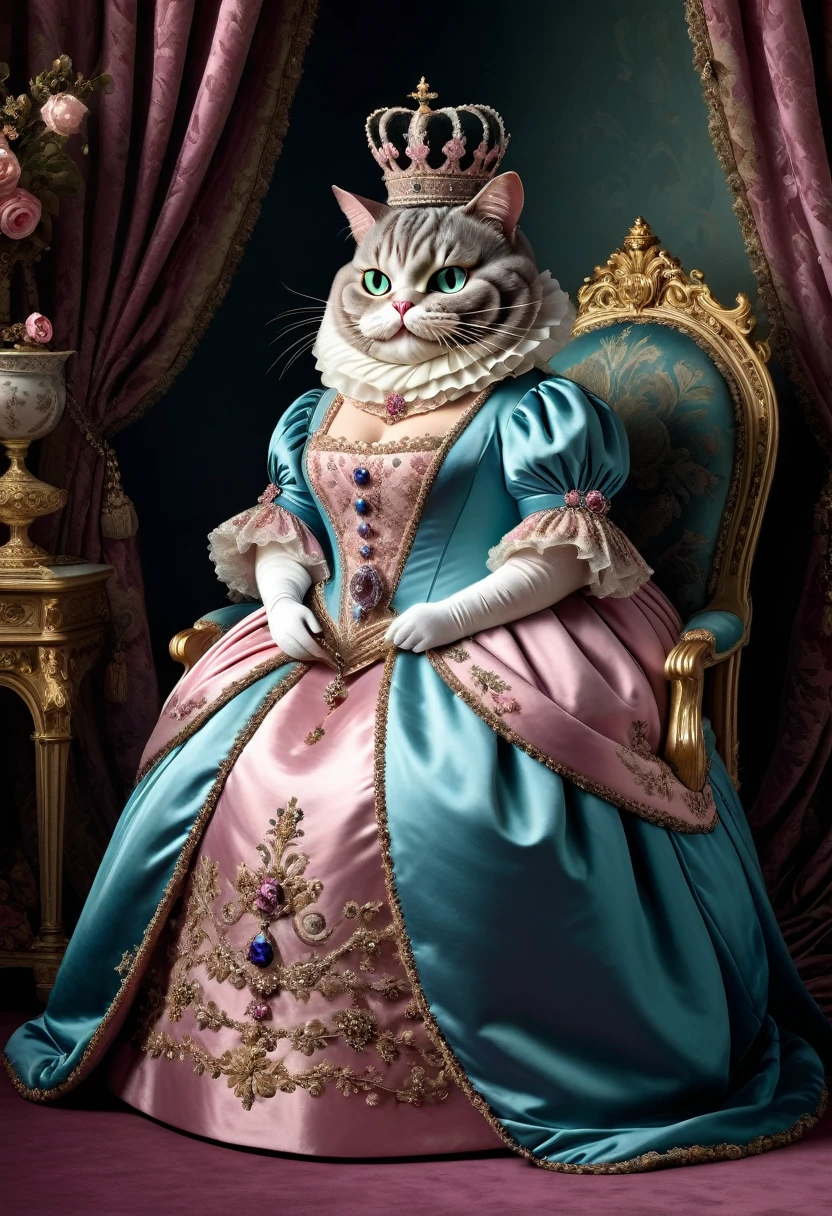 photorealistic portrait of Dressed animals - a ((fat)) (Cheshire cat) Queen, (full body image:1.5),(elegant pose:1.5) Wearing luxury sack-back gown,(wearing luxury tiara),holding scepter, Old-fashioned luxury clothes, detailed and opulent description of a queen's aristocratic sack-back gown in Rococo style, sitting on the throne, emphasizing luxurious fabrics, intricate embroidery, and ornate accessories, Rococo style king palace  background,(viewed from side:1.5)