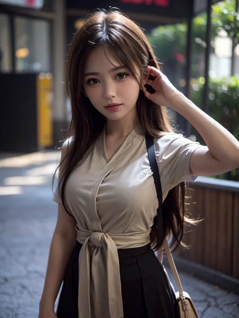 (((Open Stance)))、15Year old girl、 uniform、Japanese girls' high 、Chest buttons open、Stand with your legs apart、Viewer's perspective、(((Lifting skirt to show white lace panties)))、