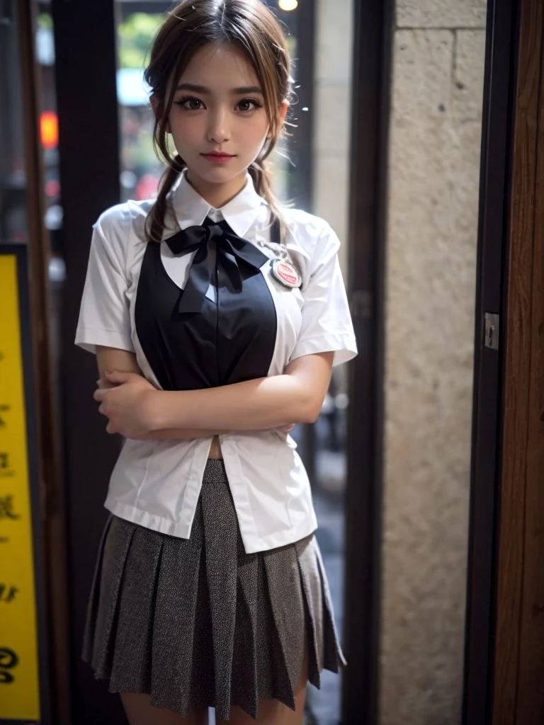(((Open Stance)))、１５Year old girl、 uniform、Japanese girls&#39; high 、Chest buttons open、Stand with your legs apart、Viewer&#39;s perspective、(((Lifting skirt to show white lace panties)))、