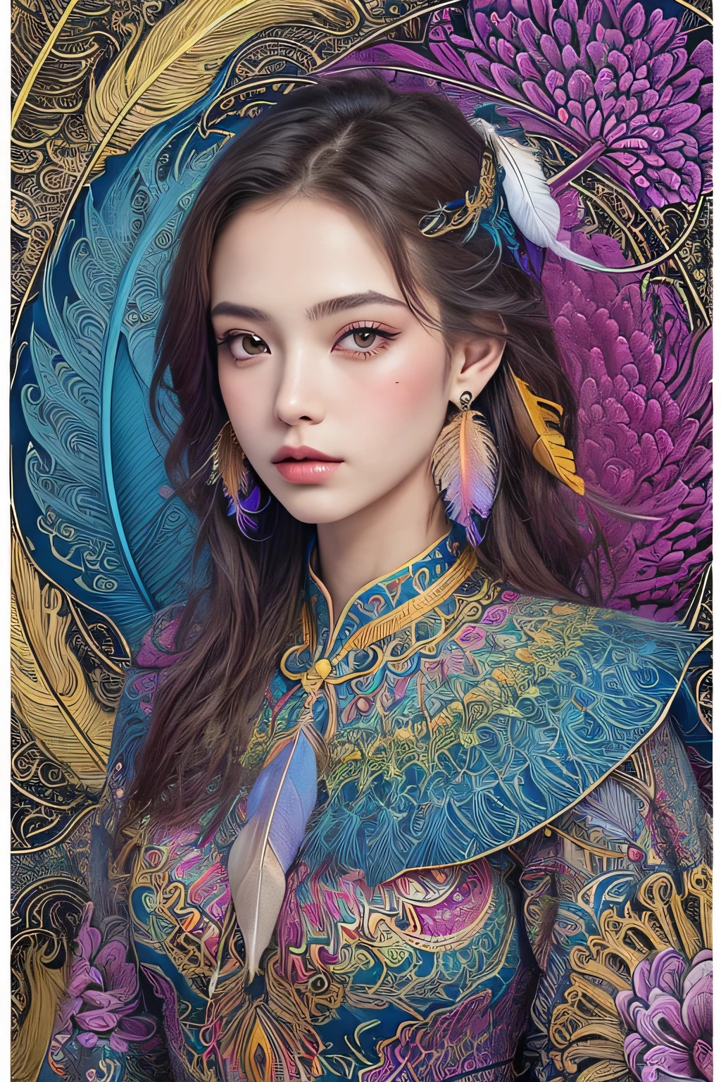 (masterpiece, highest quality, highest quality, official art, beautiful and aesthetic:1.2), (1 girl:1.3), very detailed,(fractal art:1.1),(colorful:1.1)(flowers:1.3),most detailed,(zentangle:1.2), whole body, (abstract background:1.3), (shiny skin), (lots of colors:1.4), ,(earrings), (feather:1.5),