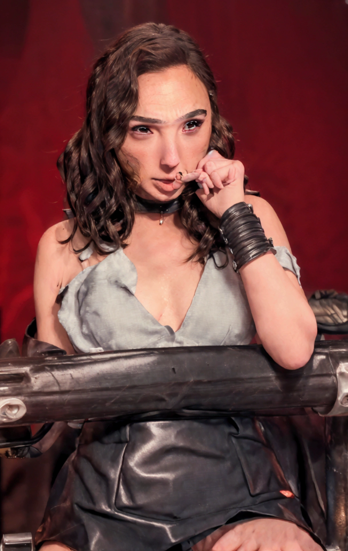 GAL GADOT, (blushful, terrifed, cryin), tied to a chair, tied to the chair, (manga curta, mini-skirt, seaman uniform), (Inside the basement, underground), (wrist cuffs, Ankle cuffs, bound wrists, ankles tied), perfectbody, face detailed, detailedeyes, whole body, image taken from afar