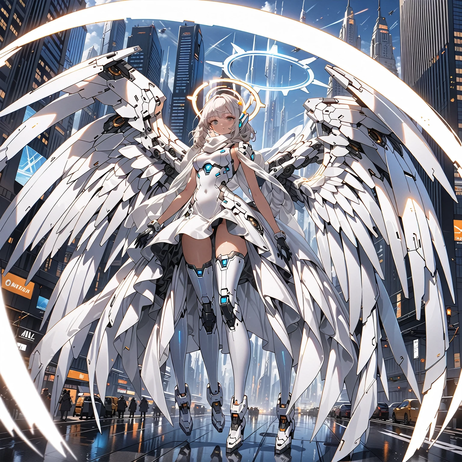 masterpiece, highest quality, highest resolution, clear_image, detailed details, white hair, 1 girl, futuristic wings, futuristic halo, white sci fi mecha dress, white scarf with blow glow, full body, no water marks, city, no extra limps, no extra body