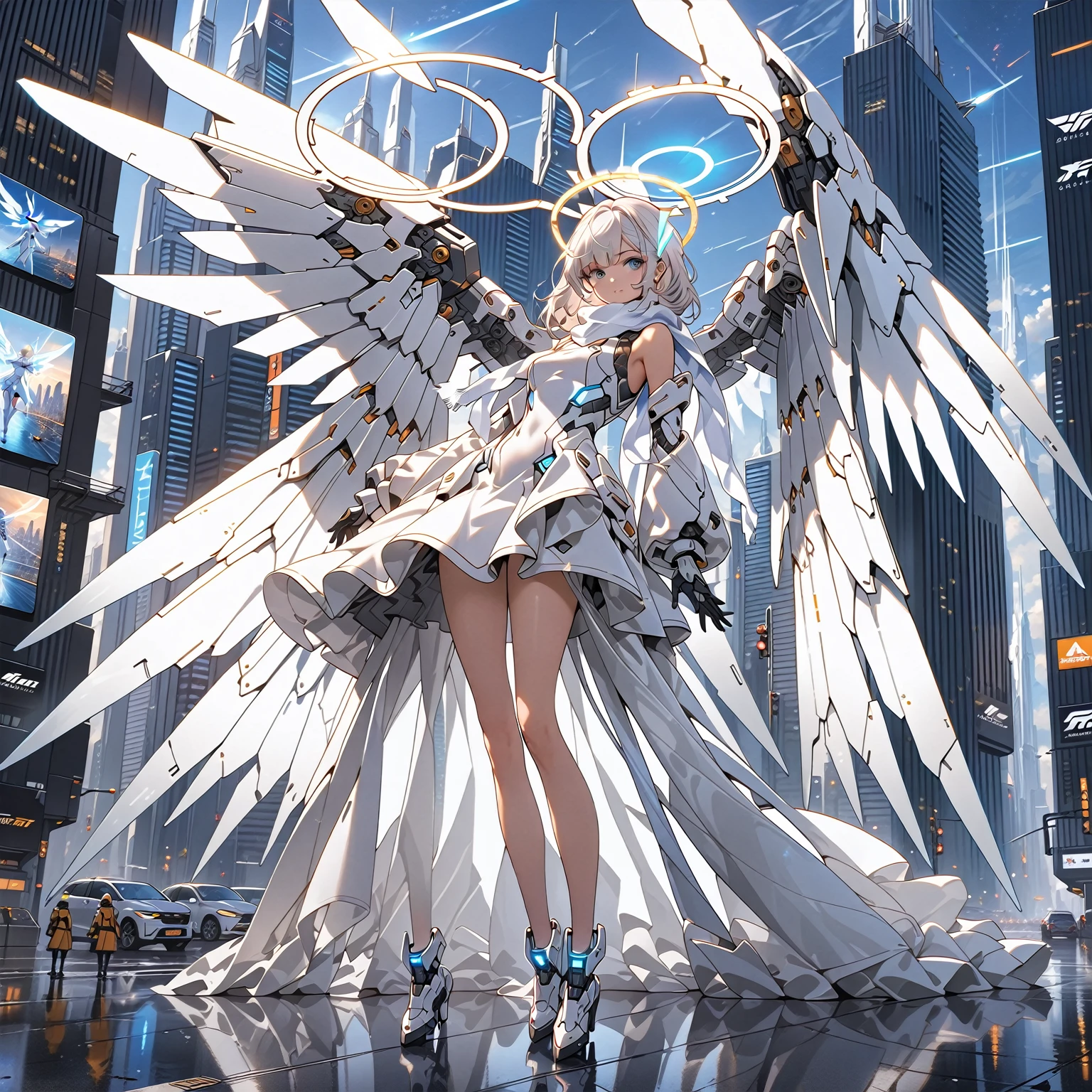 masterpiece, highest quality, highest resolution, clear_image, detailed details, white hair, 1 girl, futuristic wings, futuristic halo, white sci fi mecha dress, white scarf with blow glow, full body, no water marks, city, no extra limps, no extra body