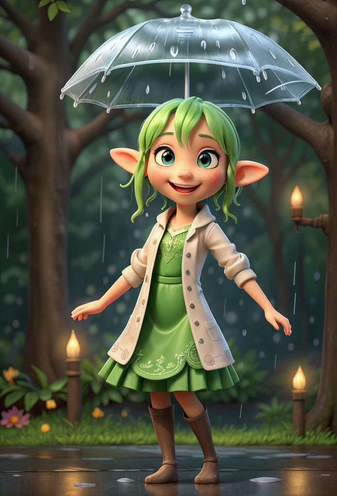 rain is the simplest thing enjoy the smile at the rain , the elf dancing in the rain the rain in blur in the enchanted forest but she is the main character enjoying the rain , unique piece masterpiece 16k work of art amazing colors