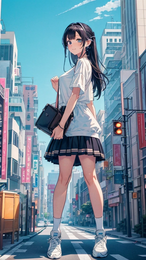 masterpiece　　Unreal Engine　Anime Style　Delicate painting　4K　90's　giant　crowd　 　　Residential Street　apartment　Apartment　　((高層apartment街の谷間に立っている巨大な女の子同士がキスをしている))　skirt　Big Breasts　White T-shirt　Summer clothes　Short sleeve　Private Server　sneakers　White socks　watch　Black Hair　　smile　blue sky　cumulonimbus　Contrail　female giant giant girl Whole body 　 Destroyed skyscrapers Destroyed cars Crowd Unreal Engine,cleavage ,a drawing of a , earrings, long hair, 1980s (style) Cute picture　Beauty　Analog style　whole body　sneakers　