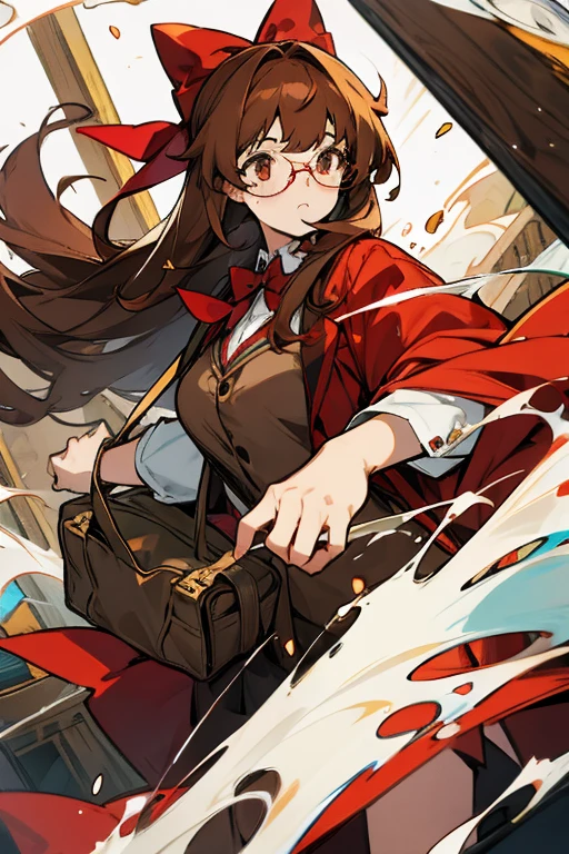 Women, long brown hair, glasses, lab vata, Red bow, with a bag