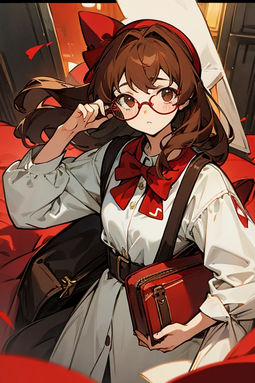 Women, long brown hair, glasses, lab vata, Red bow, with a bag