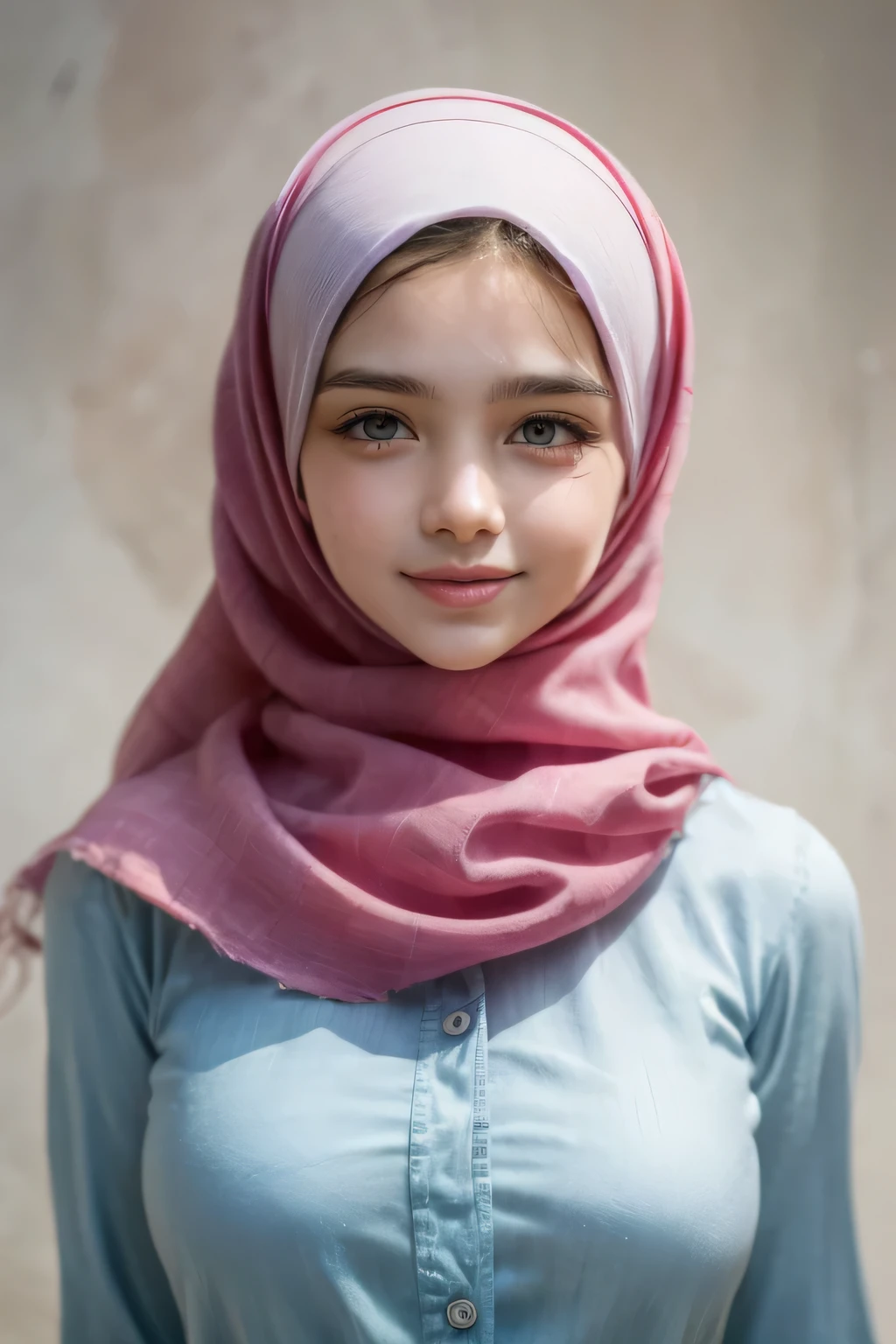adorable, 1 girl, (face to face), , baby face, happy, half body portrait, (face details: 1), (eye details: 1), ((big breasts)). wearing white long shirt, hijab, .. Cute posed. proportional body. Ultra High Res. realistic: 1.4, UHD