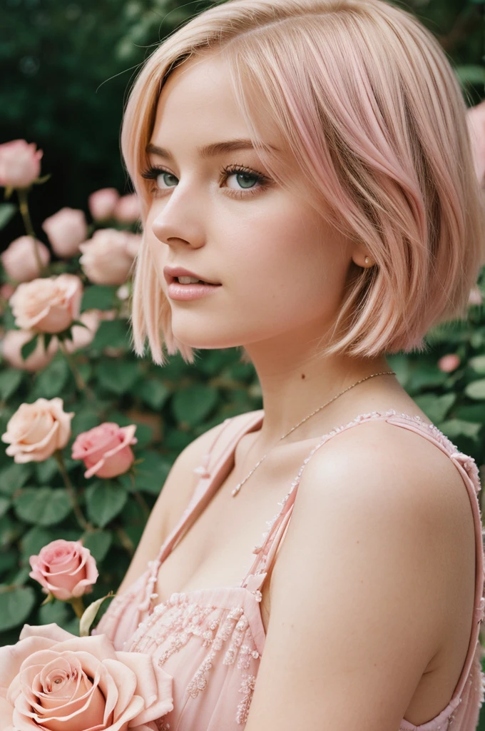 8k, photo and gross, fujifilm, Style photography of a beautiful young girl like Avril in a light pink rose garden. (very detailed skin: 1.2) Style-Petal BREAK short hair, blonde hair with colored highlights, wearing a dress, film grain, 35mm, beautiful style
