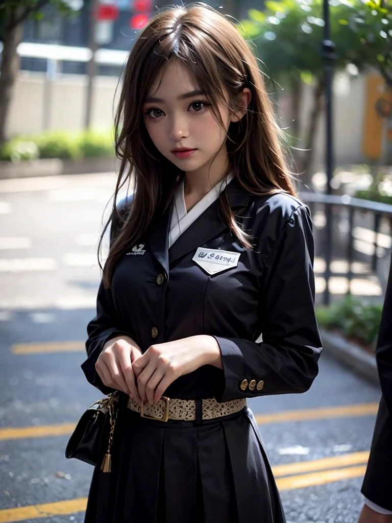 (((Open Stance)))、15Year old girl、 uniform、Japanese girls' high 、Chest buttons open、Stand with your legs apart、Viewer's perspective、(((Lifting skirt to show white lace panties)))、