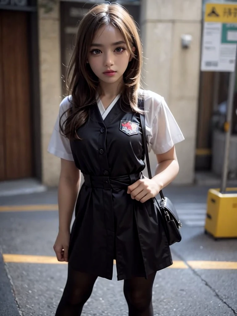 (((Open Stance)))、15Year old girl、 uniform、Japanese girls' high 、Chest buttons open、Stand with your legs apart、Viewer's perspective、(((Lifting skirt to show white lace panties)))、