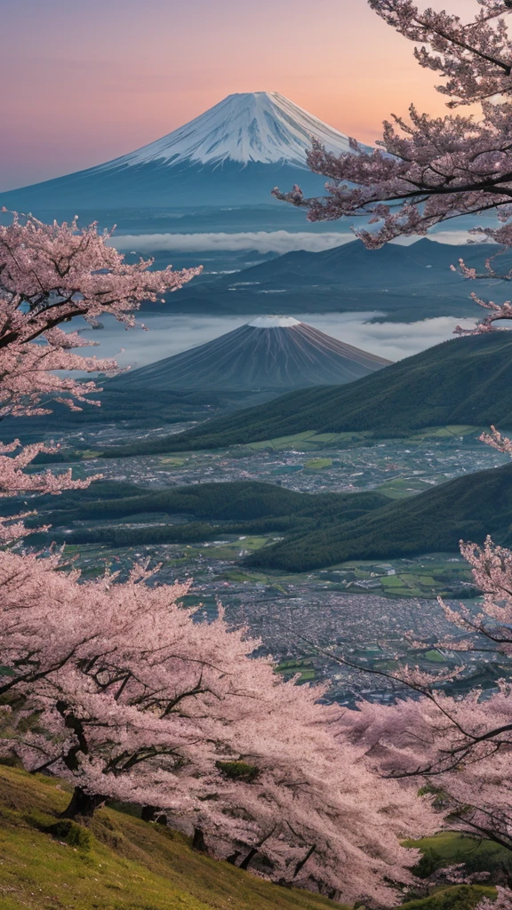 Mount Fuji landscape, with meadows full of Sakura in full bloom. Night is approaching with a sky between dusk and dusk highlighting some stars on the horizon.