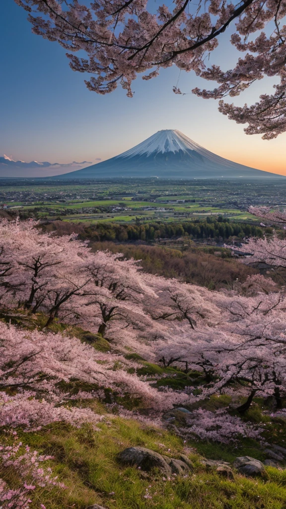 Mount Fuji landscape, with meadows full of Sakura in full bloom. Night is approaching with a sky between dusk and dusk highlighting some stars on the horizon.