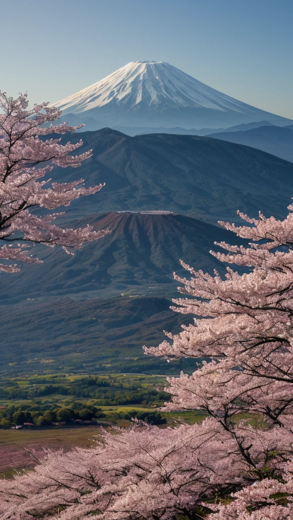 Mount Fuji landscape, with meadows full of Sakura in full bloom. Night is approaching with a sky between dusk and dusk highlighting some stars on the horizon.