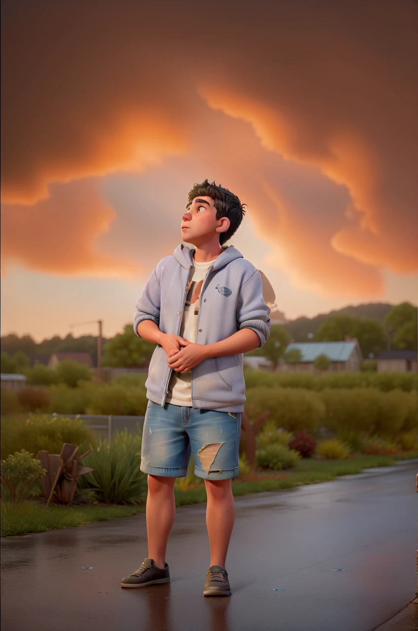 Describe the scene of a young man with a hoodie, wearing a faded denim jacket and old jeans, leaning against a tuned cinema marquee on a quiet evening. The neon lights of the marquee illuminate his face, revealing his enchantment in the movies depicted on it. Raindrops softly tap the pavement around him, and the distant hum of the city blends with the gentle sound of the rain. The boy remains still, lost in the fascinating world of cinema, longing for the day when he can create his own masterpieces and share them with the world. The vibrant colors of the marquee reflect on the wet pavement, casting an enchanting glow on the