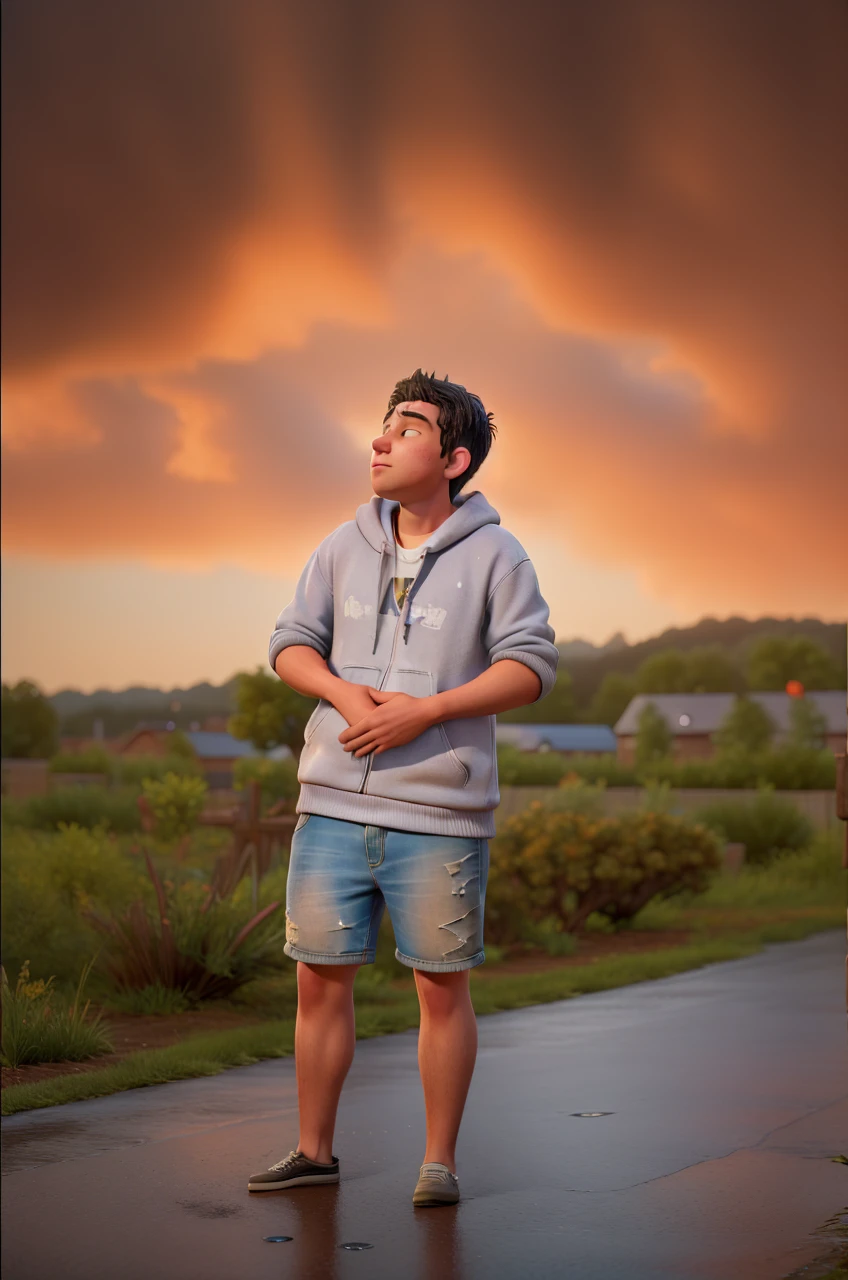 Describe the scene of a young man with a hoodie, wearing a faded denim jacket and old jeans, leaning against a tuned cinema marquee on a quiet evening. The neon lights of the marquee illuminate his face, revealing his enchantment in the movies depicted on it. Raindrops softly tap the pavement around him, and the distant hum of the city blends with the gentle sound of the rain. The boy remains still, lost in the fascinating world of cinema, longing for the day when he can create his own masterpieces and share them with the world. The vibrant colors of the marquee reflect on the wet pavement, casting an enchanting glow on the
