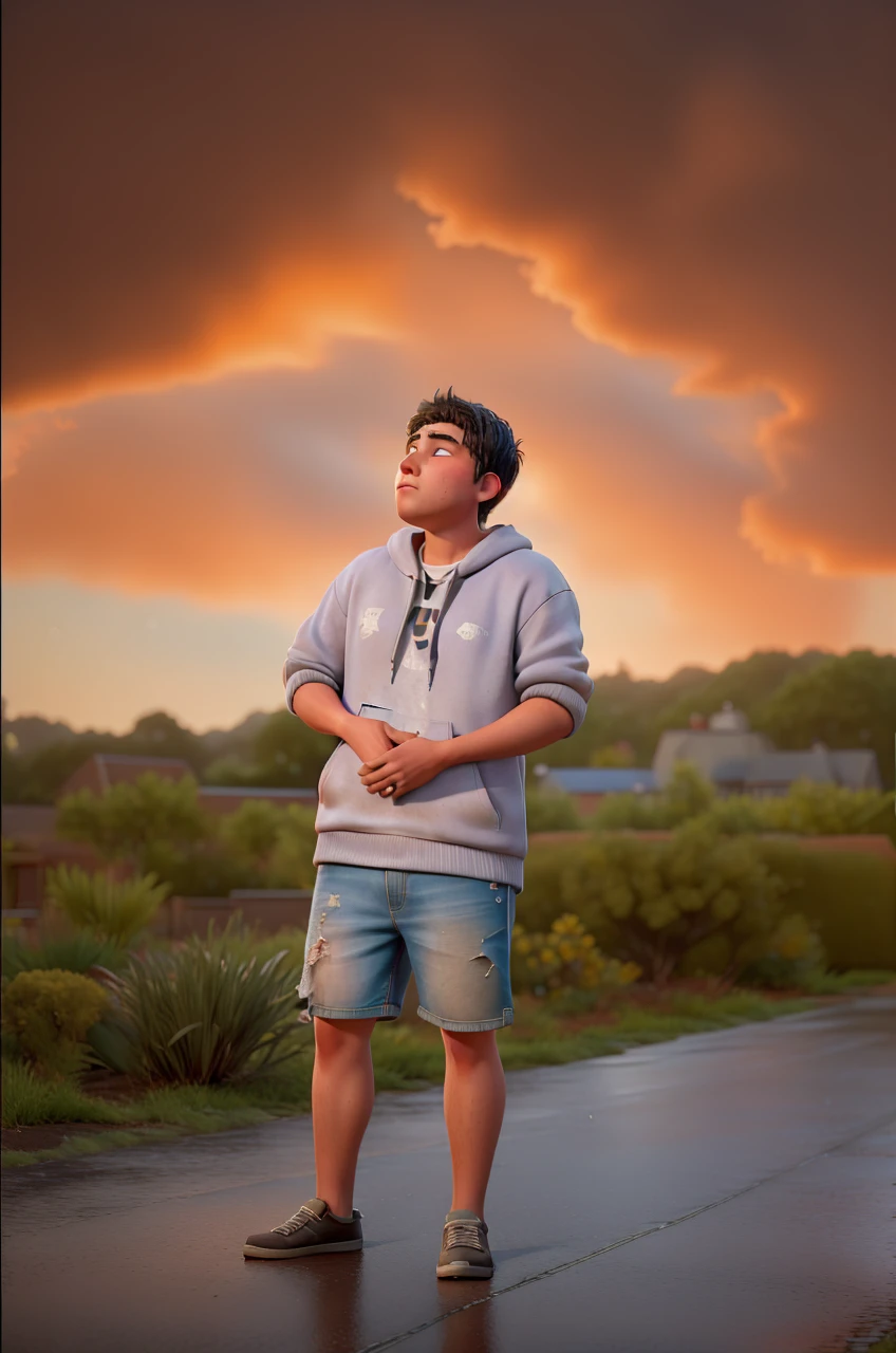 Describe the scene of a young man with a hoodie, wearing a faded denim jacket and old jeans, leaning against a tuned cinema marquee on a quiet evening. The neon lights of the marquee illuminate his face, revealing his enchantment in the movies depicted on it. Raindrops softly tap the pavement around him, and the distant hum of the city blends with the gentle sound of the rain. The boy remains still, lost in the fascinating world of cinema, longing for the day when he can create his own masterpieces and share them with the world. The vibrant colors of the marquee reflect on the wet pavement, casting an enchanting glow on the