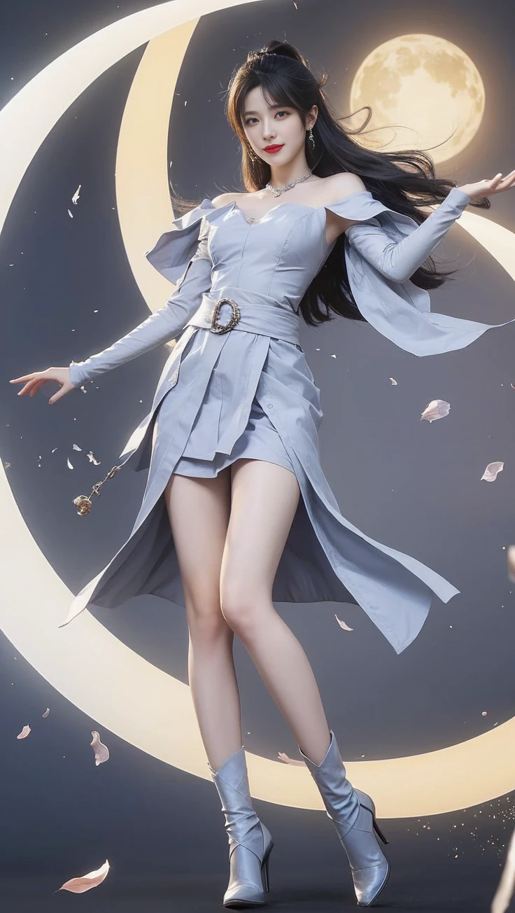 best quality, tmasterpiece,Ultra-high resolution,Clear face,（Reality：1.4），ferpect lighting，(upper body shot), (photorealistic:1.50), anime wallpaper, Guviz style artwork, cover-up fantasy up to magic , by Yang J, Guviz, beautiful artwork illustration, beautiful digital artwork, beautiful digital illustration, Li Song, beautiful anime portrait, art style in Beauvot, Lips wear thick red lipstick,(smille 1:1)