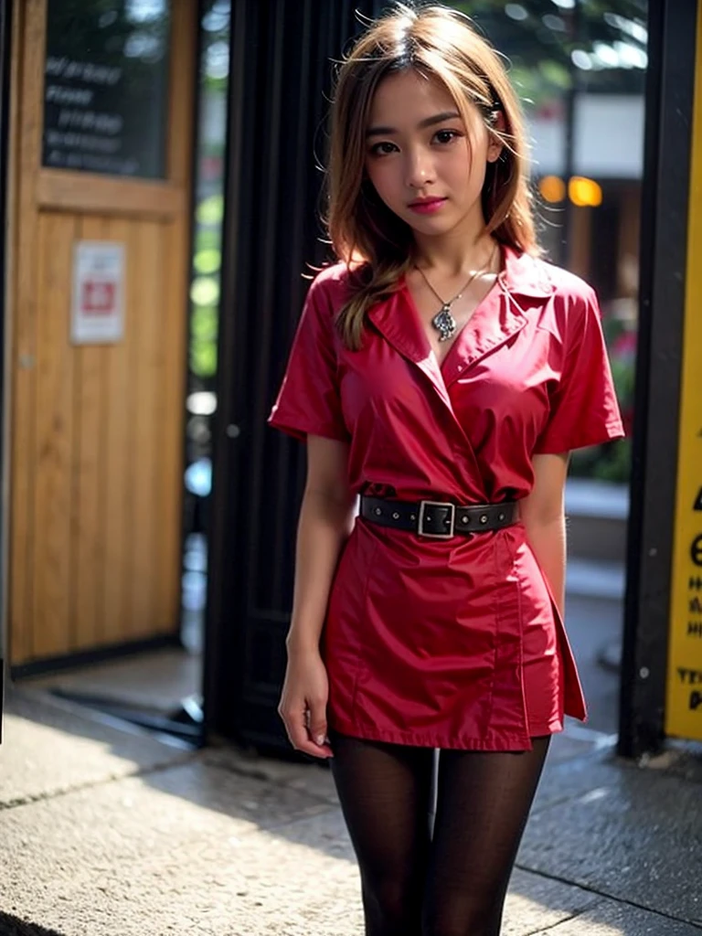 (((Open Stance)))、15Year old girl、 uniform、Japanese girls' high 、Chest buttons open、Stand with your legs apart、Viewer's perspective、(((Lifting skirt to show white lace panties)))、