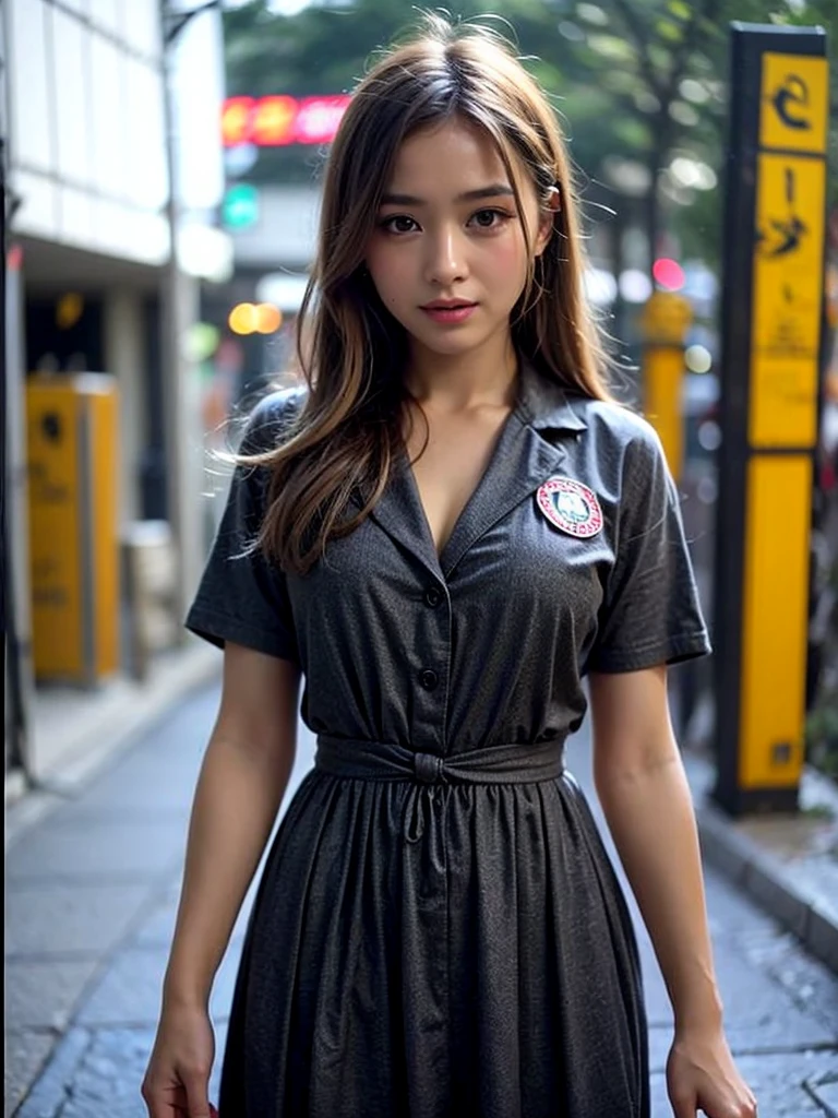 (((Open Stance)))、１５Year old girl、 uniform、Japanese girls&#39; high 、Chest buttons open、Stand with your legs apart、Viewer&#39;s perspective、(((Lifting skirt to show white lace panties)))、

