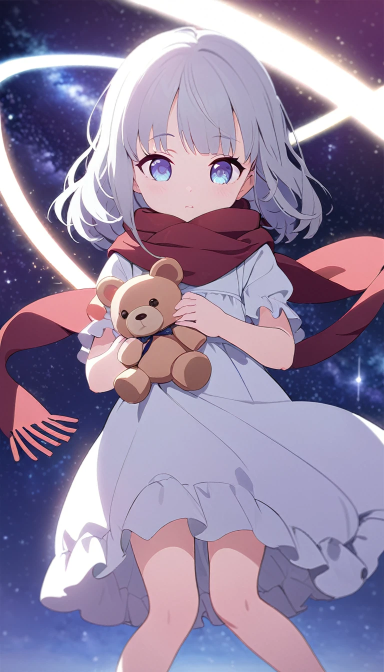 (((masterpiece))), (((best quality))),(((high detail))),light manipulation, girl with long silver hair, gradient purple to sky blue eyes, wearing a white dress, a red scarf, galaxy background, holding a teddy bear, feet, no footwear, (((loli))), (((child))) 