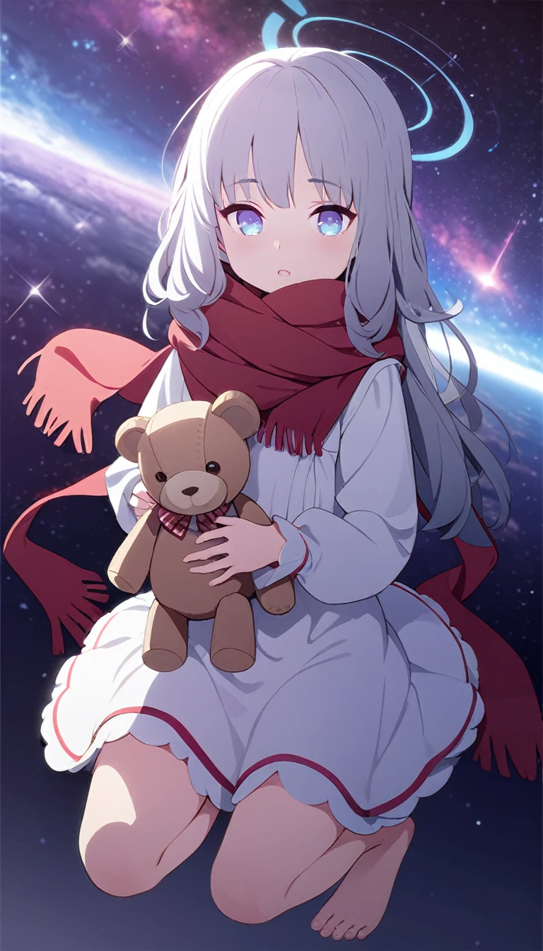 (((masterpiece))), (((best quality))),(((high detail))),light manipulation, girl with long silver hair, gradient purple to sky blue eyes, wearing a white dress, a red scarf, galaxy background, holding a teddy bear, feet, no footwear, ((())), (((child)))