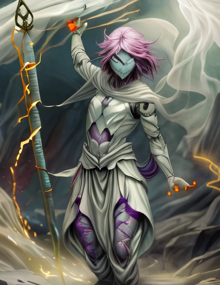 (((8k, very high resolution, masterpiece))), generate a high-resolution image of a wraith, a malevolent spirit that wanders through the mortal realm in search of souls to claim. The wraith should be depicted as a shrouded figure, its face obscured by a red rag, and its body wreathed in an ethereal, ghostly mist. The wraith should be holding a lantern that emits a spectral light, which it uses to guide the souls it deems unworthy to rest to their ultimate fate. The lantern is attached to one of his shrouded hand with a spiked chain, and should dangle under his stretched arm when pointing at the viewer.
The setting should be dark and eerie, depicting the wraith as a harbinger of death and despair. The background is an icy, dark cave, the light weak, mostly coming from the lantern of the spectre. The colors should be muted and ominous, with a focus on shades of red and blue. Use Stable Diffusion to ensure the generated image is visually consistent and coherent, with a high level of detail and realism,brain.