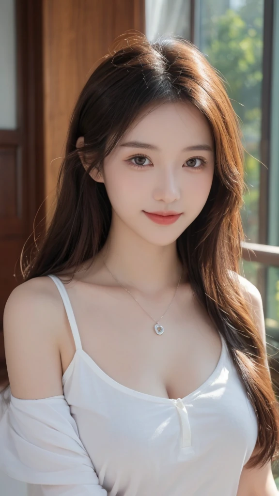 best quality, ultra high resolution, (realistically:1.4),japanese Girl,European style apartment,A pair of clear and charming peach blossom eyes, Royal sister,The sun shines on the face,big breasts,Big long wavy hairs, side comma hairstyle Showing forhead(necklace:1.2),(White skin:1.4),a sense of atmosphere,a beautiful girl, Smile,looking directly at the viewer, (lifelike:1.4),1 girl,Sexy,(Upper body:1.4),(wet),(:1.2)