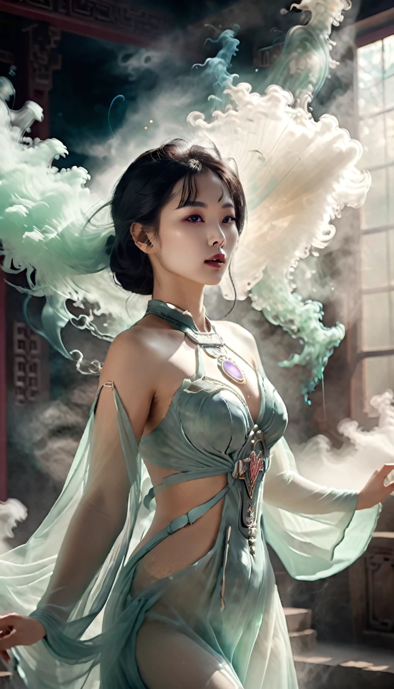 Chinese mystical beauty, vintage style, exposed beauty, perfect face, perfect body, mystical background, ethereal atmosphere, astral heaven, UHD, ghostly smoke