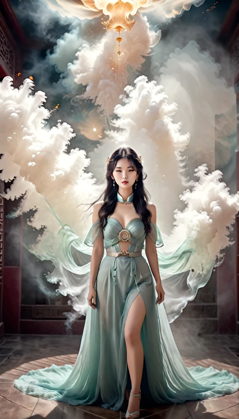 Chinese mystical beauty, vintage style, exposed beauty, perfect face, perfect body, mystical background, ethereal atmosphere, astral heaven, UHD, ghostly smoke