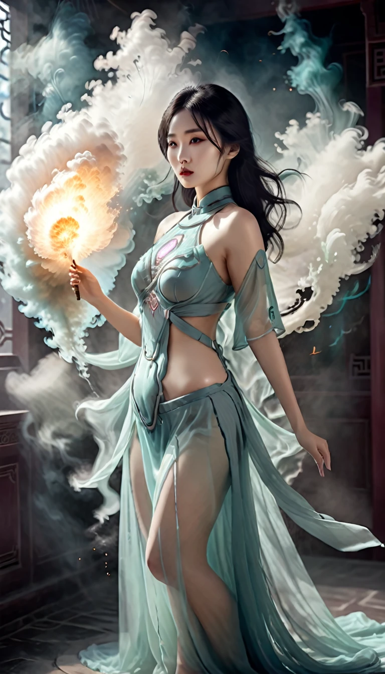 Chinese mystical beauty, vintage style, exposed beauty, perfect face, perfect body, mystical background, ethereal atmosphere, astral heaven, UHD, ghostly smoke