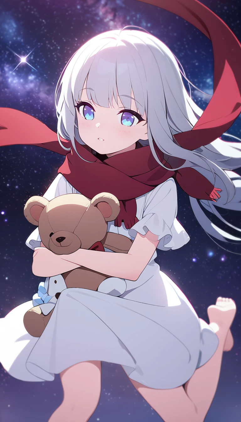 (((masterpiece))), (((best quality))),(((high detail))),light manipulation, girl with long silver hair, gradient purple to sky blue eyes, wearing a white dress, a red scarf, galaxy background, holding a teddy bear, feet, no footwear, (((loli))), (((child))) 