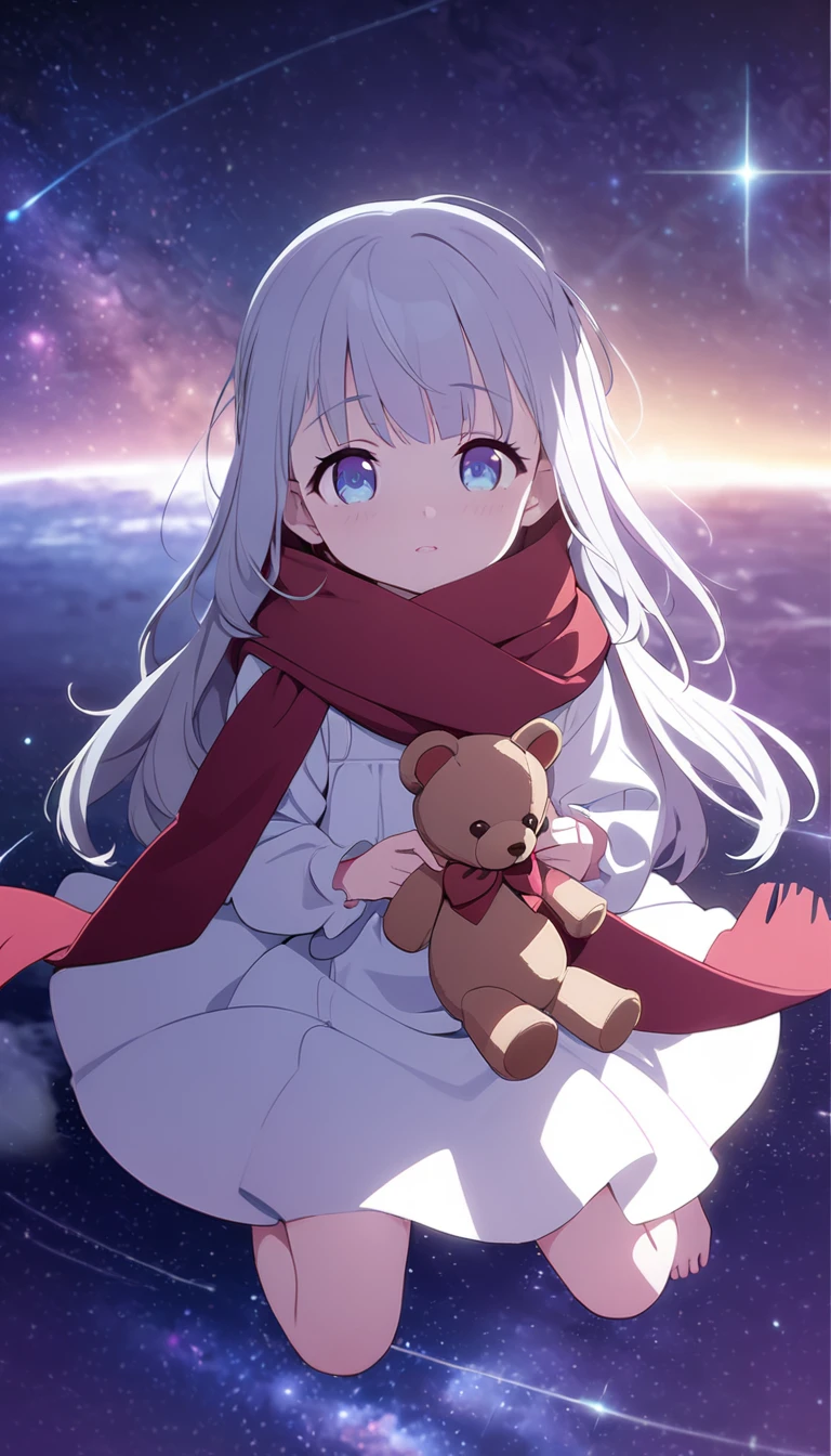(((masterpiece))), (((best quality))),(((high detail))),light manipulation, girl with long silver hair, gradient purple to sky blue eyes, wearing a white dress, a red scarf, galaxy background, holding a teddy bear, feet, no footwear, ((())), (((child)))