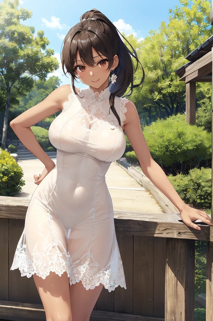 独奏、NSFW、(tall、Toned body、slim body、Brown Skin、Sunburn、Big Breasts)、（Slanted Eyes、Sharp Eyes、Dark Eyeasterpiece))、((Highest quality))、((detailed)、((Adult female))、(((Light brown skin)))、((Long black hair ponytail))、photograph、美しくdetailedな顔、detailedな目、Bright smile、Outdoor、(Sleeveless white dress、Sexy one piece、Semi-transparent lace dress)