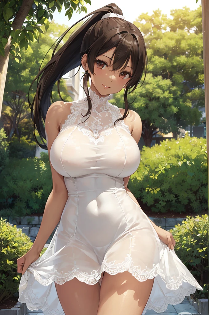 独奏、NSFW、(tall、Toned body、slim body、Brown Skin、Sunburn、Big Breasts)、（Slanted Eyes、Sharp Eyes、Dark Eyeasterpiece))、((Highest quality))、((detailed)、((Adult female))、(((Light brown skin)))、((Long black hair ponytail))、photograph、美しくdetailedな顔、detailedな目、Bright smile、Outdoor、(Sleeveless white dress、Sexy one piece、Semi-transparent lace dress)