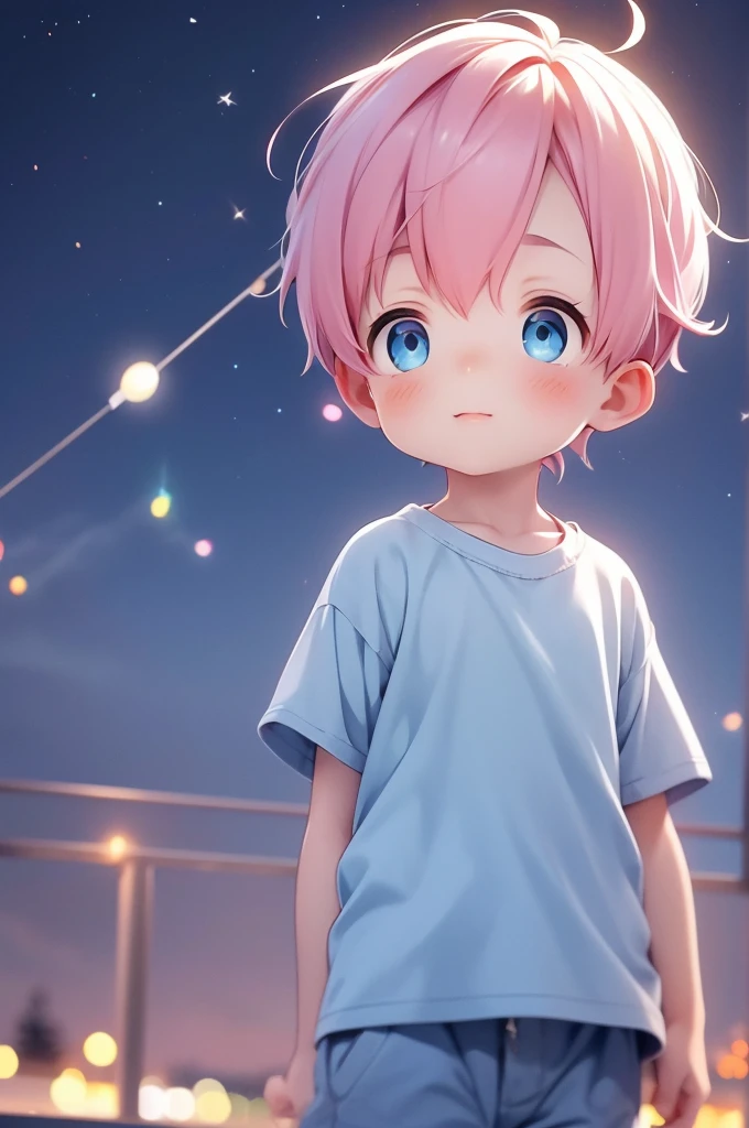 Beautiful with blue eyes and pink hair the scenery of beautiful bright stars with blurred background he is holding a lollipop with his hands