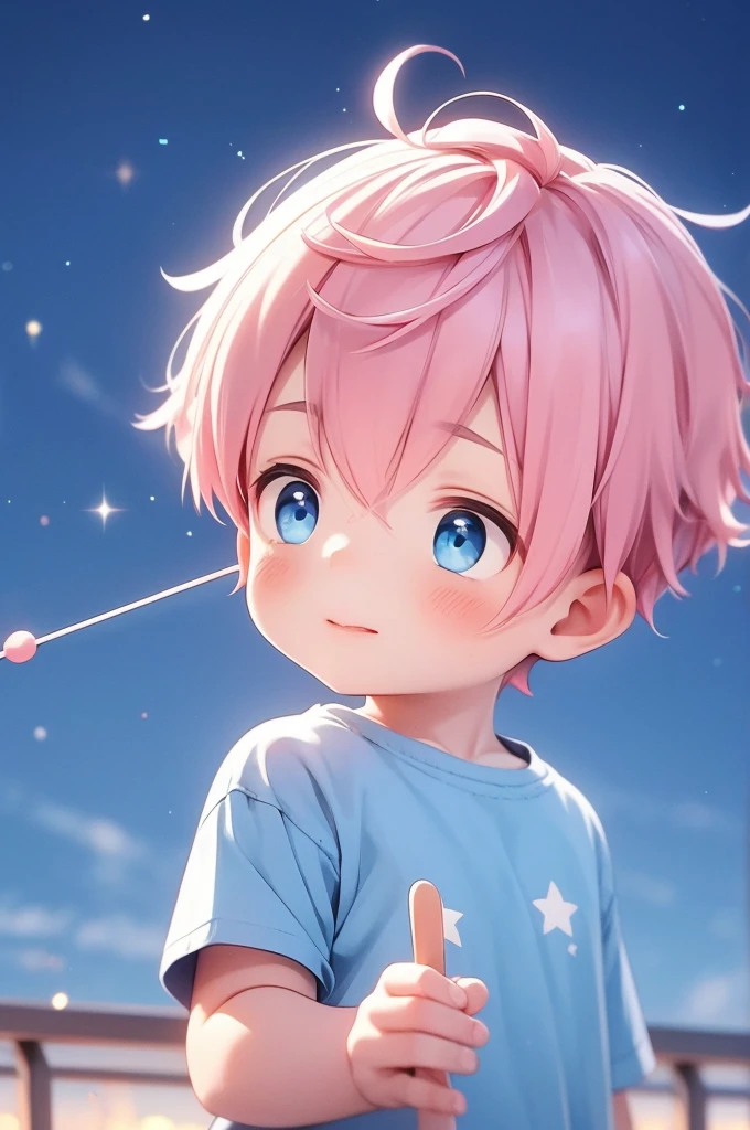 Beautiful  with blue eyes and pink hair the scenery of beautiful bright stars with blurred background he is holding a lollipop with his hands