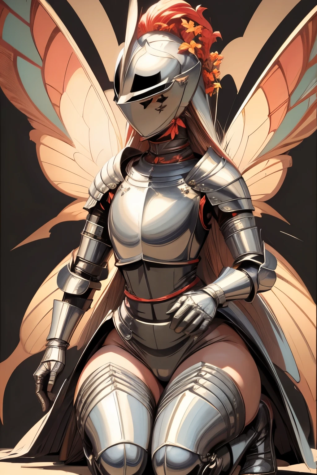 masterpiece, best quality, butterfly wings, full body, squatting, kardiaofrhodes, helmet, plume, gauntlets, thighhighs, breastplate, nude, wide hips, (flowers background:1.2)