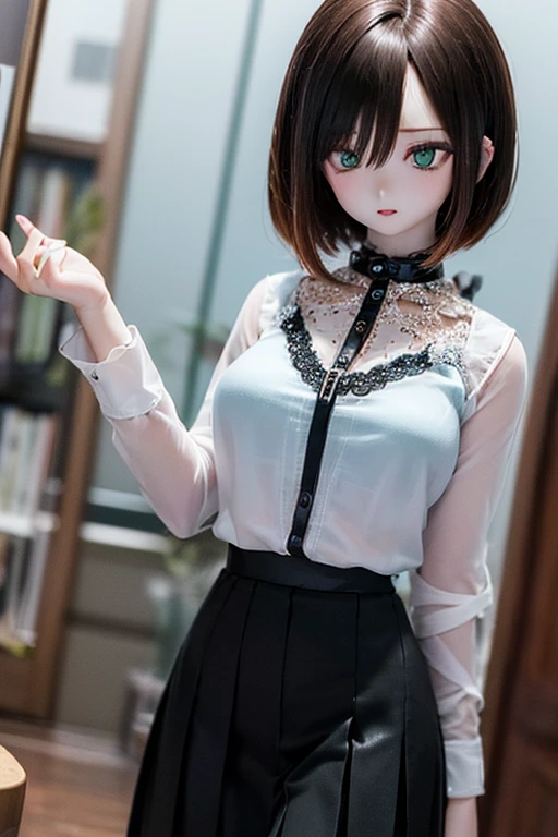 (SFW:2), photorealistic, realistic photo, 8k, ((highest quality)), ((masterpiece)), (extremely detailed), kukolnydom, doll, (mature woman, 20yo, 20 years old:1.6), solo, ((cowboy shot, standing, slim, slender, skinny, medium breasts, blouse, pleated skirt, room)), (green eyes, brown hair, medium hair, plastic skin, looking at another, glass eyes, gradient eyes, shining eyes, detailed eyes:1.3)