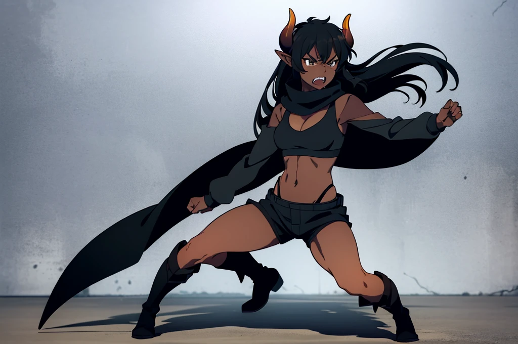 (((1girl ,25s,adult,mature female,solo))),long hair, black hair,horns,elf ears,((black scarf)),cleavage,(((dark skin))),(black sports bra,black sports shorts, midriff),leather boots,long sleeves,(angry),standing,battle pose,full body,close up