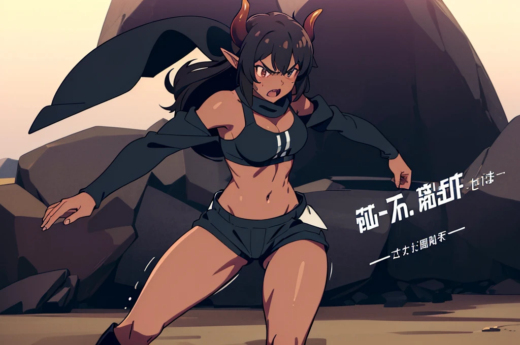 (((1girl ,25s,adult,mature female,solo))),long hair, black hair,horns,elf ears,((black scarf)),cleavage,(((dark skin))),(black sports bra,black sports shorts, midriff),leather boots,long sleeves,(angry),standing,battle pose,full body,close up