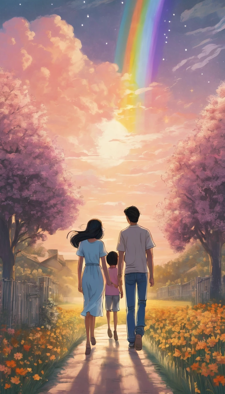 Create an illustration in the style of a cartoon. The scene symbolizes new hope and moving forward into the future. In the foreground are a young man and woman advancing hand in hand. They have determined expressions on their faces and are walking toward the future.

The young man has short black hair and wears a casual white shirt and blue jeans. The young woman next to him has long hair blowing in the wind and is wearing a pale pink dress. She is smiling and looking at him with hopeful eyes.

In the background is a beautiful sky at the moment of dawn. The sun is beginning to rise and the sky is tinged with shades of orange and pink. In the distance, we see a shining future with a rainbow as a symbol of hope.

On the horizon is a door to the future, and beyond the door is a shining new world. They are taking one step at a time toward that door, and their footprints continue on the path.

The stars are still shining in the sky, depicting the dream they vowed to each other under the stars. Around them, flowers are blooming and swaying in the wind. The overall mood should convey hope, determination, and progress toward the future. The illustration symbolizes the story of two people overcoming any challenges and moving forward into the future.