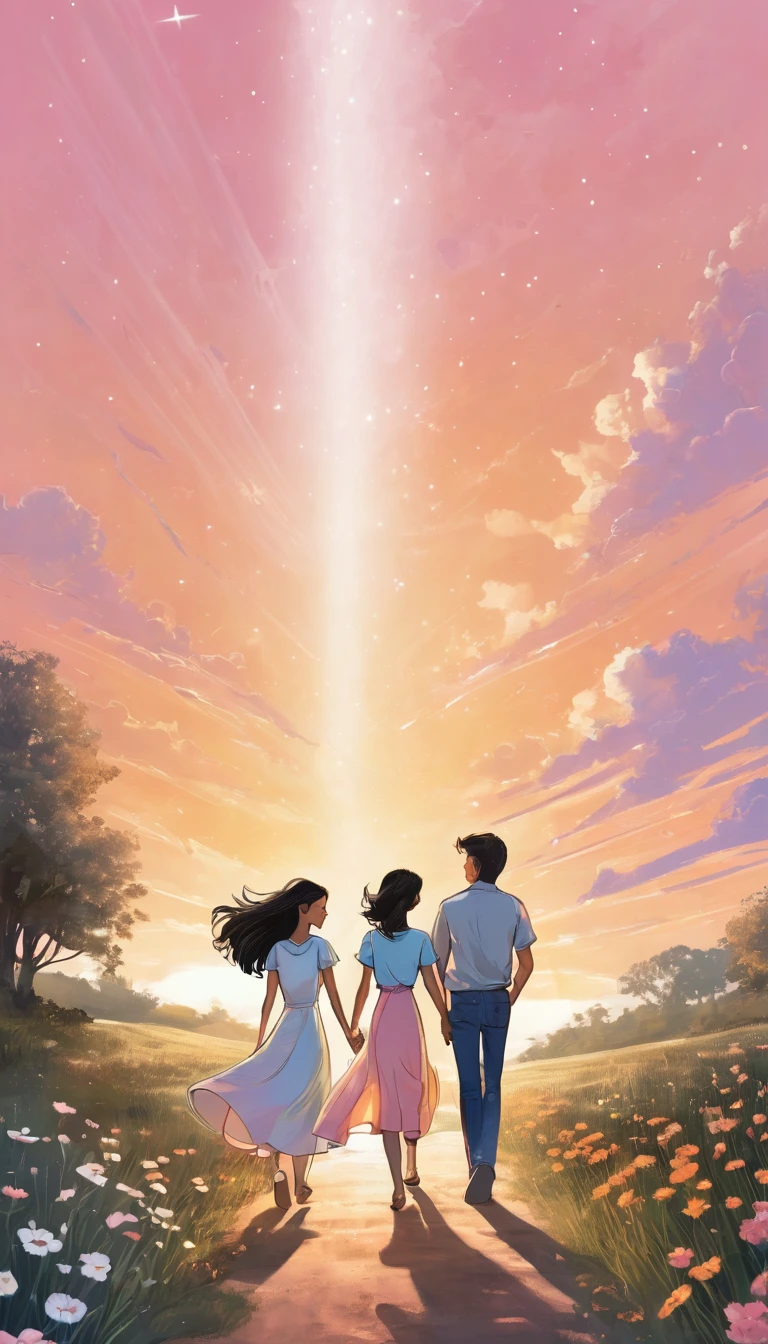 Create an illustration in the style of a cartoon. The scene symbolizes new hope and moving forward into the future. In the foreground are a young man and woman advancing hand in hand. They have determined expressions on their faces and are walking toward the future.
The young man has short black hair and wears a casual white shirt and blue jeans. The young woman next to him has long hair blowing in the wind and is wearing a pale pink dress. She is smiling and looking at him with hopeful eyes.
In the background is a beautiful sky at the moment of dawn. The sun is beginning to rise and the sky is tinged with shades of orange and pink. In the distance, we see a shining future with a rainbow as a symbol of hope.
On the horizon is a door to the future, and beyond the door is a shining new world. They are taking one step at a time toward that door, and their footprints continue on the path.
The stars are still shining in the sky, depicting the dream they vowed to each other under the stars. Around them, flowers are blooming and swaying in the wind. The overall mood should convey hope, determination, and progress toward the future. The illustration symbolizes the story of two people overcoming any challenges and moving forward into the future.