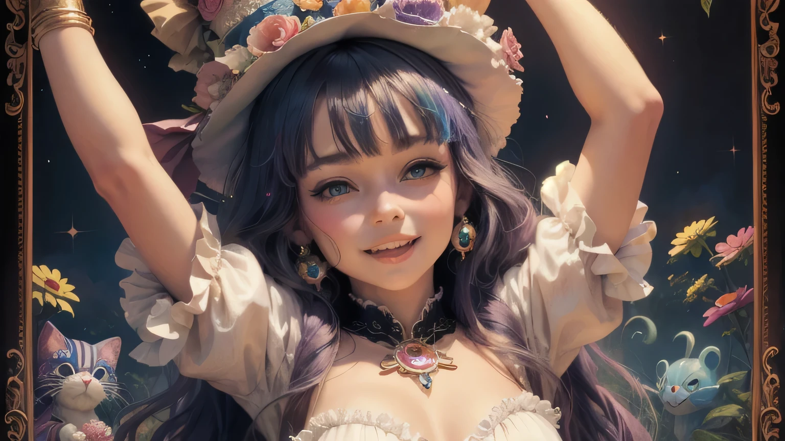 colorful closeup happy Mad Hatter in Oz, dancing in dream fantasy celebration bliss galore, art By Josephine wall, Lisa Frank, Jean Baptiste Monge, Takashi Murakami, vivid and soft, highly detailed