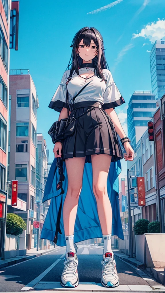 masterpiece Unreal Engine Anime Style Delicate painting 4K 90's giant Multiple Girls crowd Residential Street apartment Apartment 高層apartment街の谷間に立っている巨大な女の子 skirt Big Breasts White T-shirt Summer clothes Short sleeve Private Server sneakers White socks watch Black Hair smile blue sky cumulonimbus Contrail female giant giant girl Whole body Destroyed skyscrapers Destroyed cars Crowd Unreal Engine,cleavage ,a drawing of a , earrings, long hair, 1980s (style) Cute picture Beauty Analog style whole body sneakers