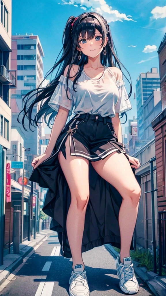 masterpiece　　Unreal Engine　Anime Style　Delicate painting　4K　90's　giant　Multiple Girls　crowd　 　　Residential Street　apartment　Apartment　　高層apartment街の谷間に立っている巨大な女の子　skirt　Big Breasts　White T-shirt　Summer clothes　Short sleeve　Private Server　sneakers　White socks　watch　Black Hair　　smile　blue sky　cumulonimbus　Contrail　female giant giant girl Whole body 　 Destroyed skyscrapers Destroyed cars Crowd Unreal Engine,cleavage ,a drawing of a , earrings, long hair, 1980s (style) Cute picture　Beauty　Analog style　whole body　sneakers　
