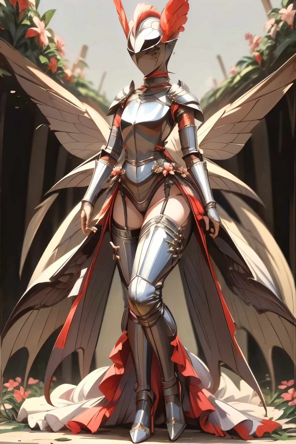 masterpiece, best quality, butterfly wings, full body, standing tall, kardiaofrhodes, helmet, plume, gauntlets, thighhighs, breastplate, nude, wide hips, (flowers background:1.2)